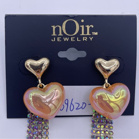 NOIR long tassel rhinestone heart shaped drop dangle earrings- New - Picture 5 of 10